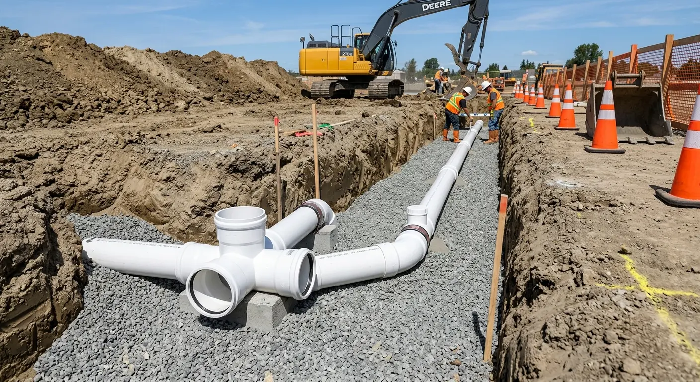 New PVC sewer pipe installation in open trench for Sewer Backup in Dixon