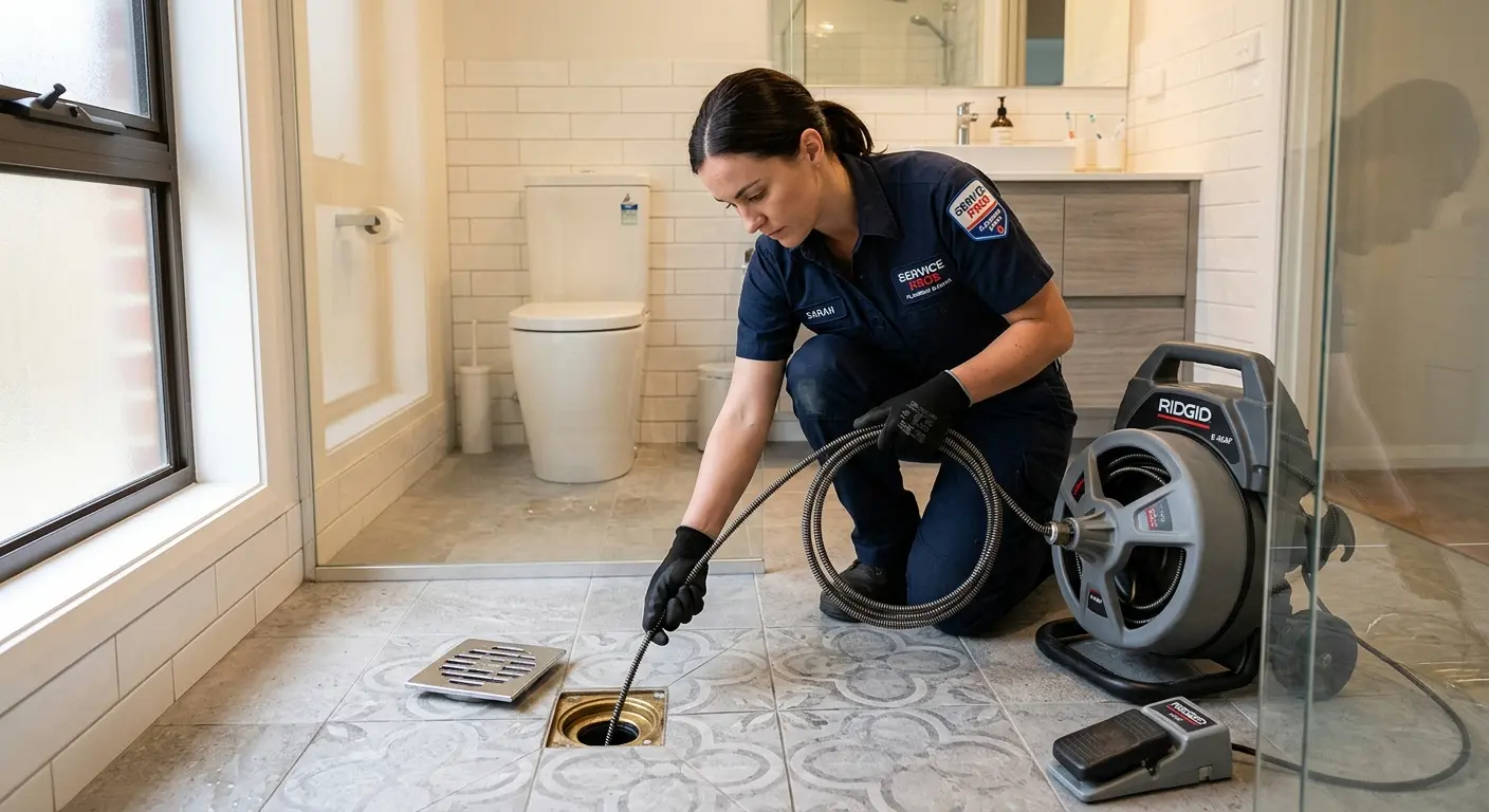Technician clearing a bathroom floor drain for Sewer Line Replacement in Dixon